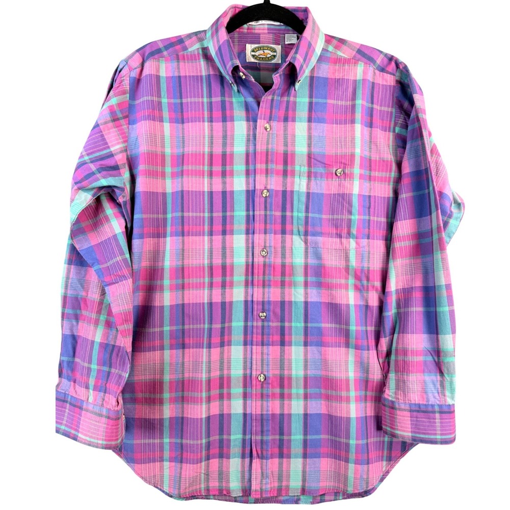 Midwest Traders Mens Plaid Button Down Shirt Pink Purple Teal Cotton Blend M